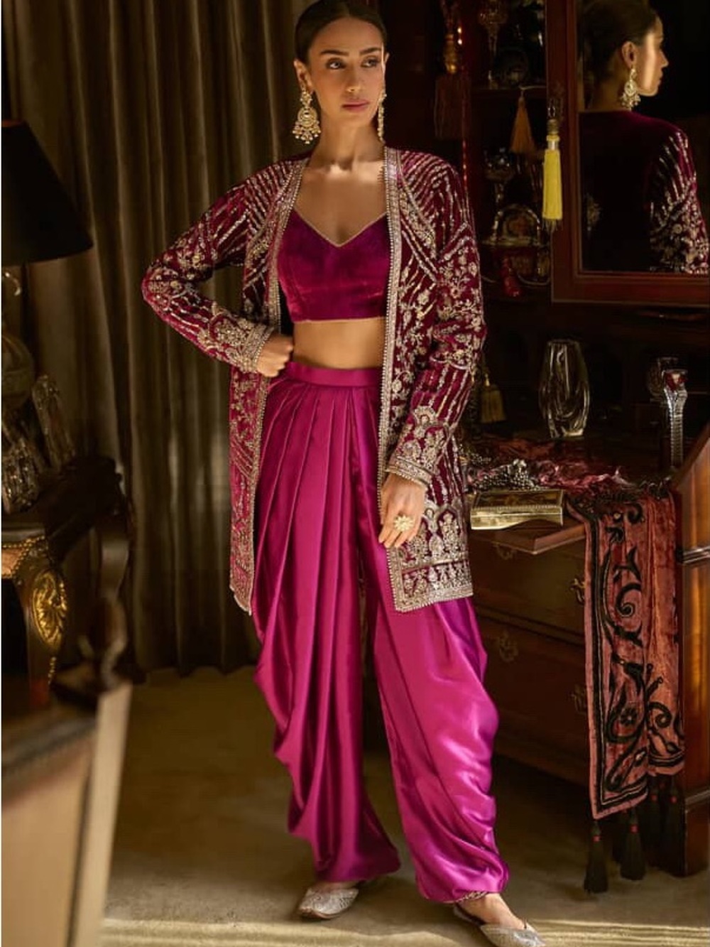 Lashkaraa Embroidered Magenta Velvet Draped Pants & Jacket Set
